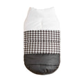 White and black with a houndstooth center panel quilted dog puffer jacket, back view