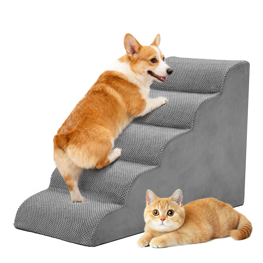 Corgi on five-step gray foam pet stairs beside an orange cat