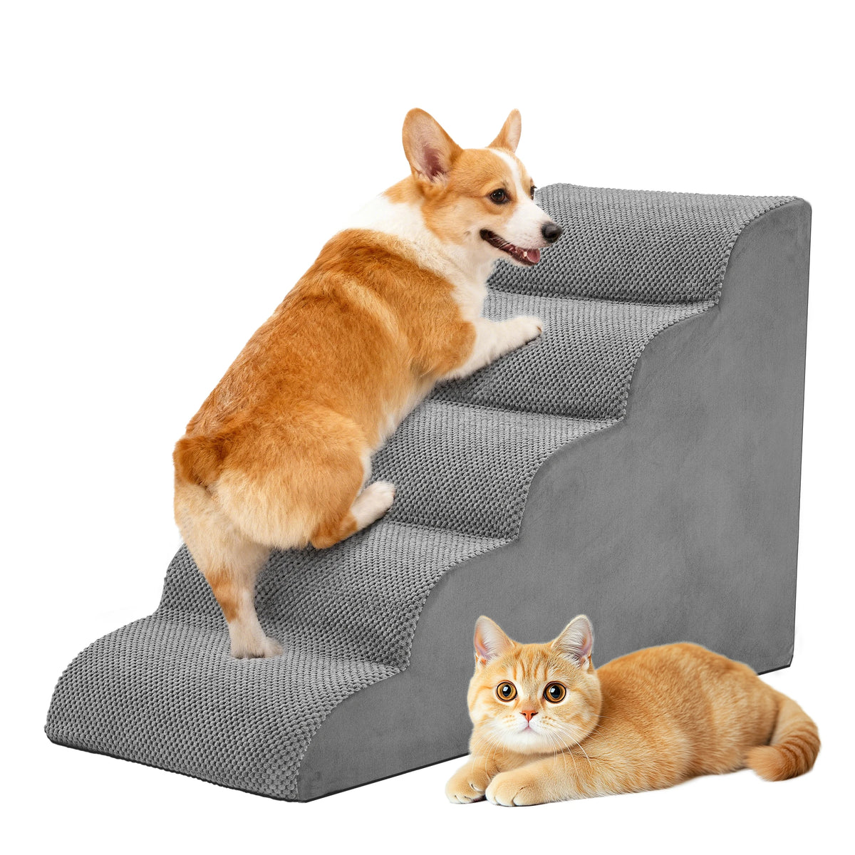Corgi on five-step gray foam pet stairs beside an orange cat