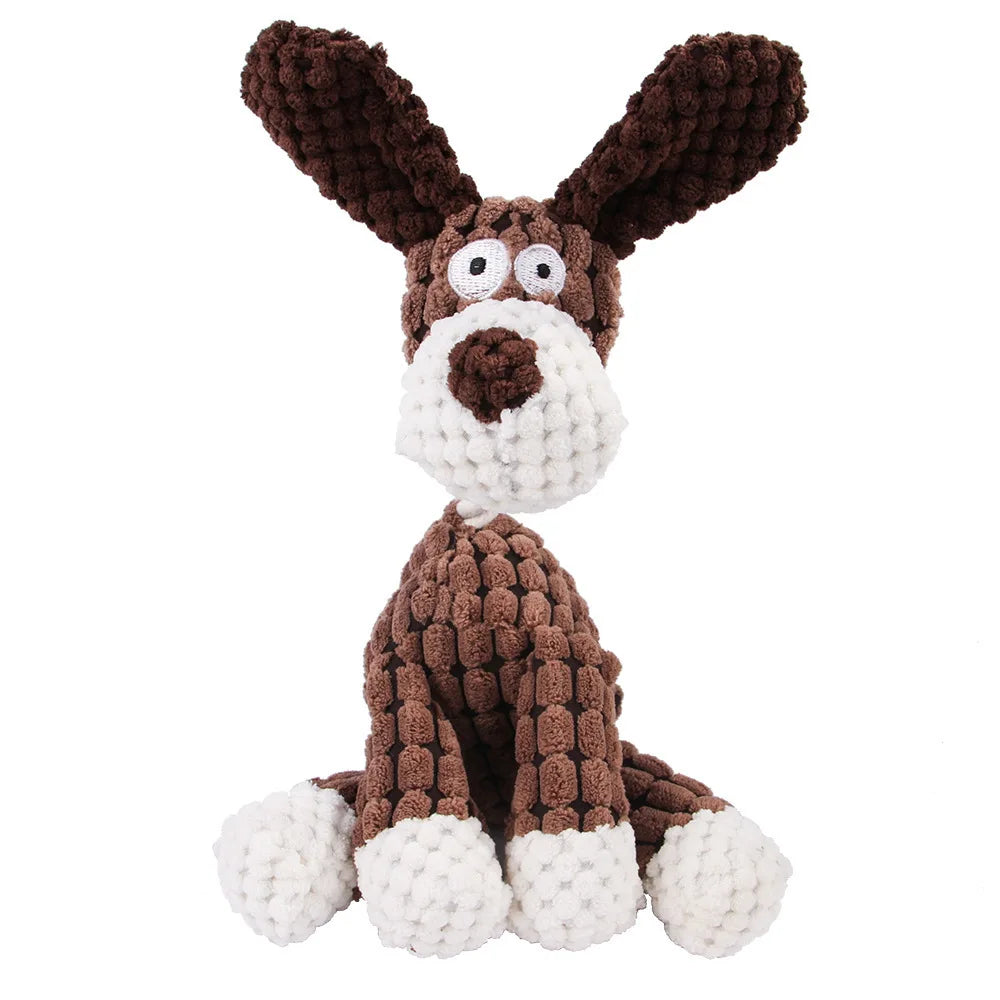 Brown-and-white rabbit plush dog toy with long ears