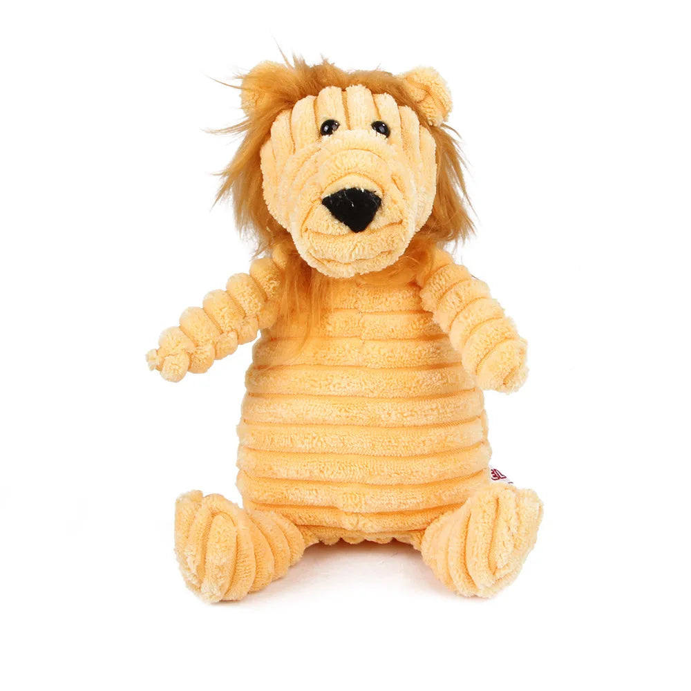 Golden corduroy lion dog toy with a shaggy mane
