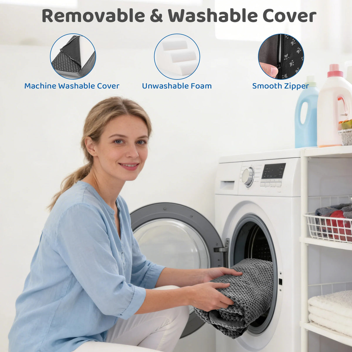 Removable dog stair cover shown being washed in a washing machine