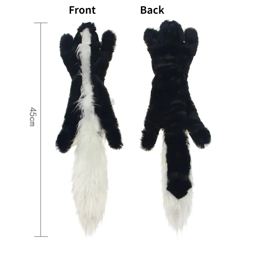 Front and back views of a black-and-white skunk plush dog toy