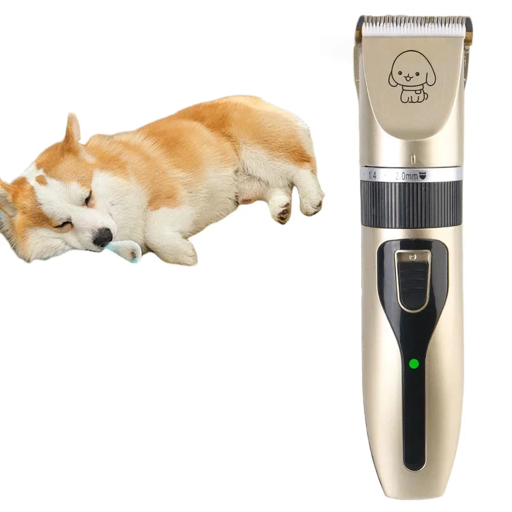Gold electric pet trimmer beside a resting corgi