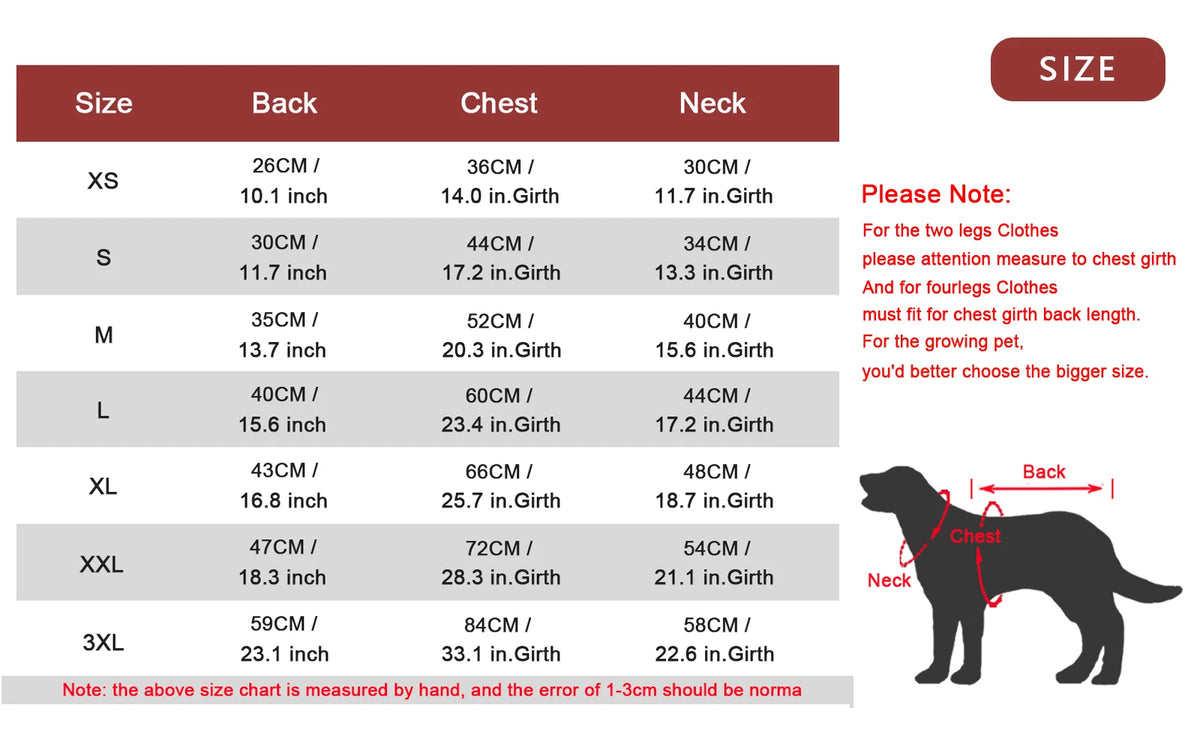Dog puffer jacket size chart with measuring instructions