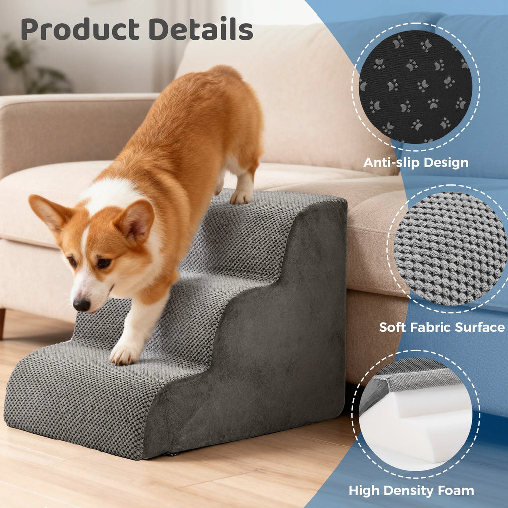 Corgi walking down gray foam dog steps with fabric, foam, and base detail insets