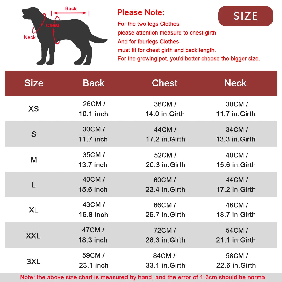 Dog puffer jacket size chart with back, chest, and neck measurements