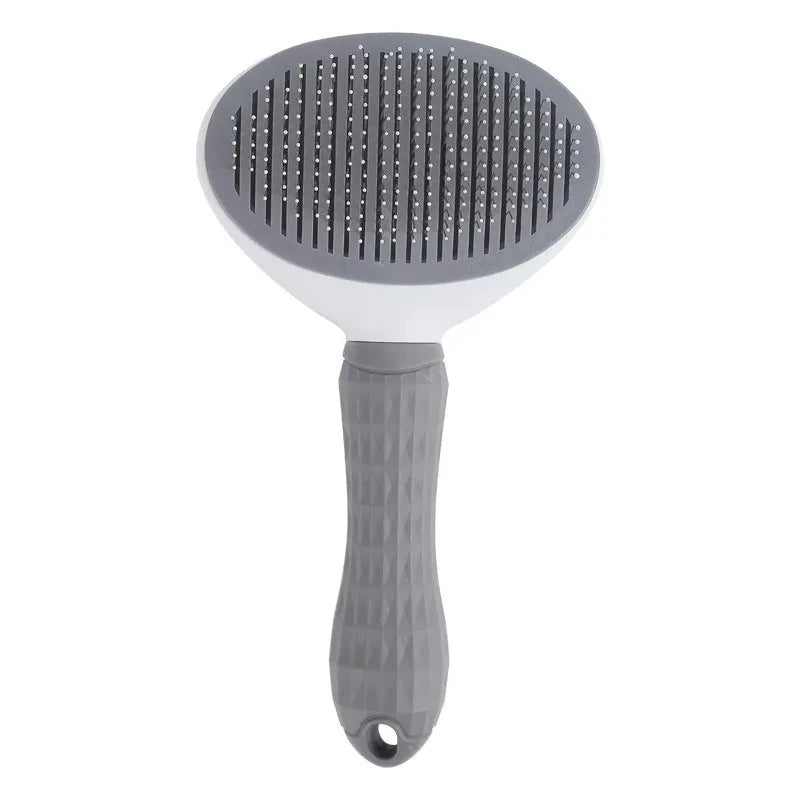 Front view of the gray self-cleaning pet slicker brush on a white background.