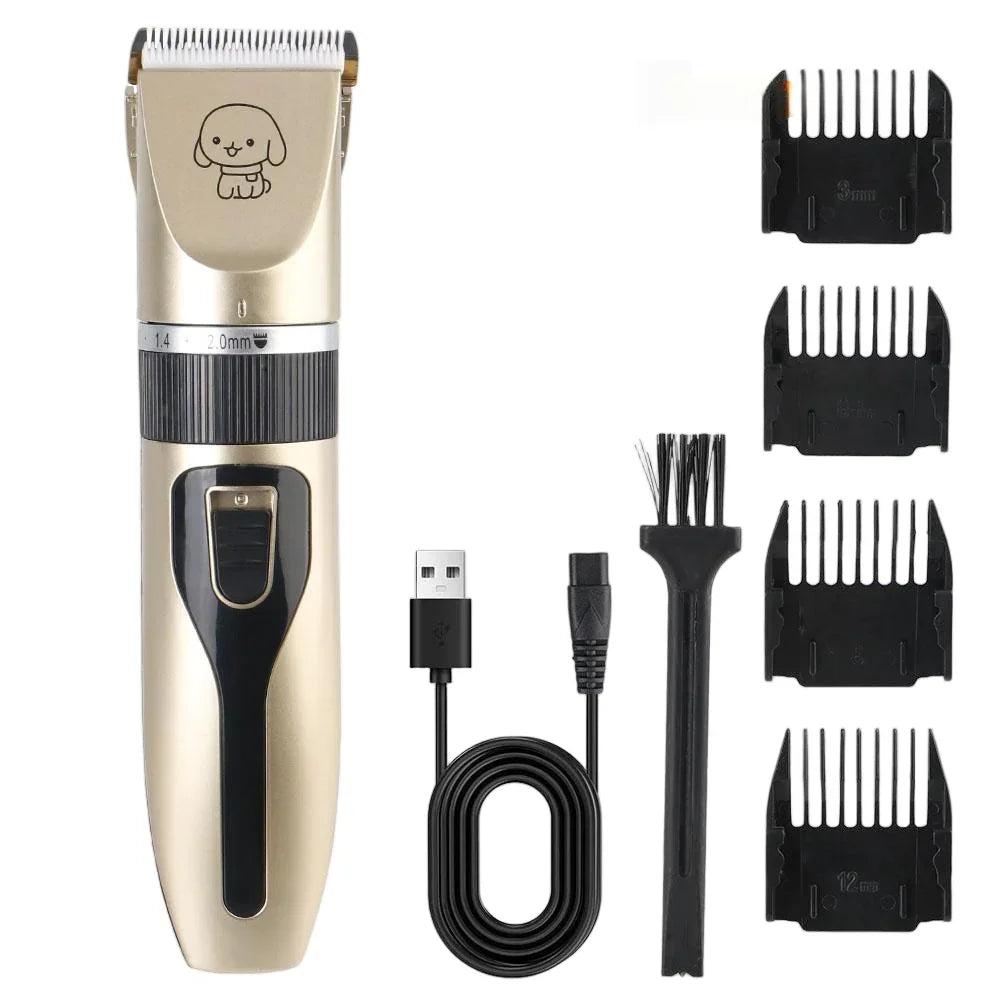Gold electric pet trimmer kit with four guide combs, USB cable, and cleaning brush