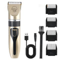 Gold electric pet trimmer kit with four guide combs, USB cable, and cleaning brush