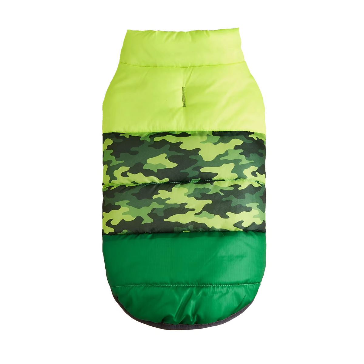 Green color-block dog puffer jacket with a camouflage center panel