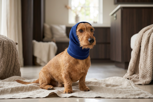 Wirehaired dachshund wearing a blue knitted ear cover on a rug