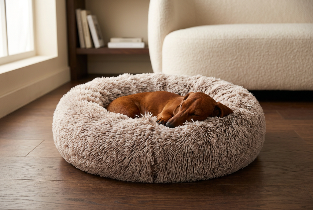 Longhaired dachshund curled in a taupe donut bed beside a sofa