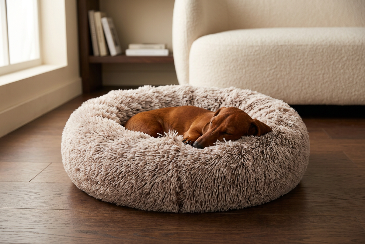 Longhaired dachshund curled in a taupe donut bed beside a sofa