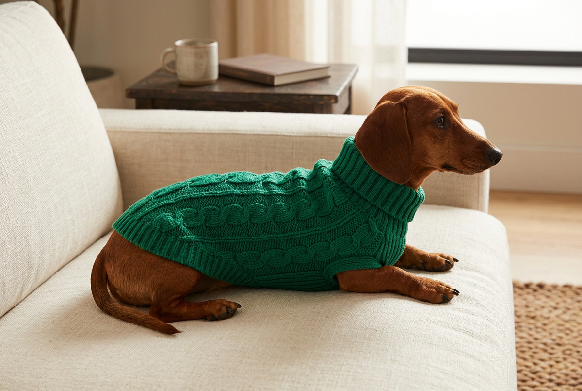 Dachshund wearing a green cable knit sweater on a cream sofa