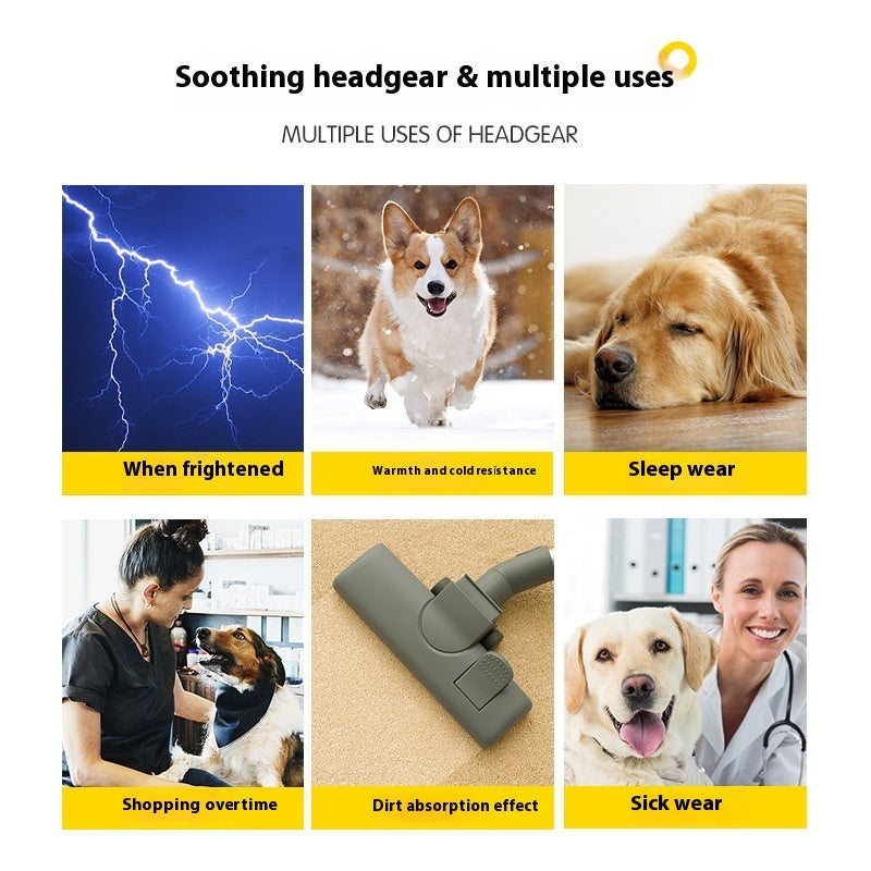 Dog ear cover use examples including grooming, drying, sleep, and vet visits
