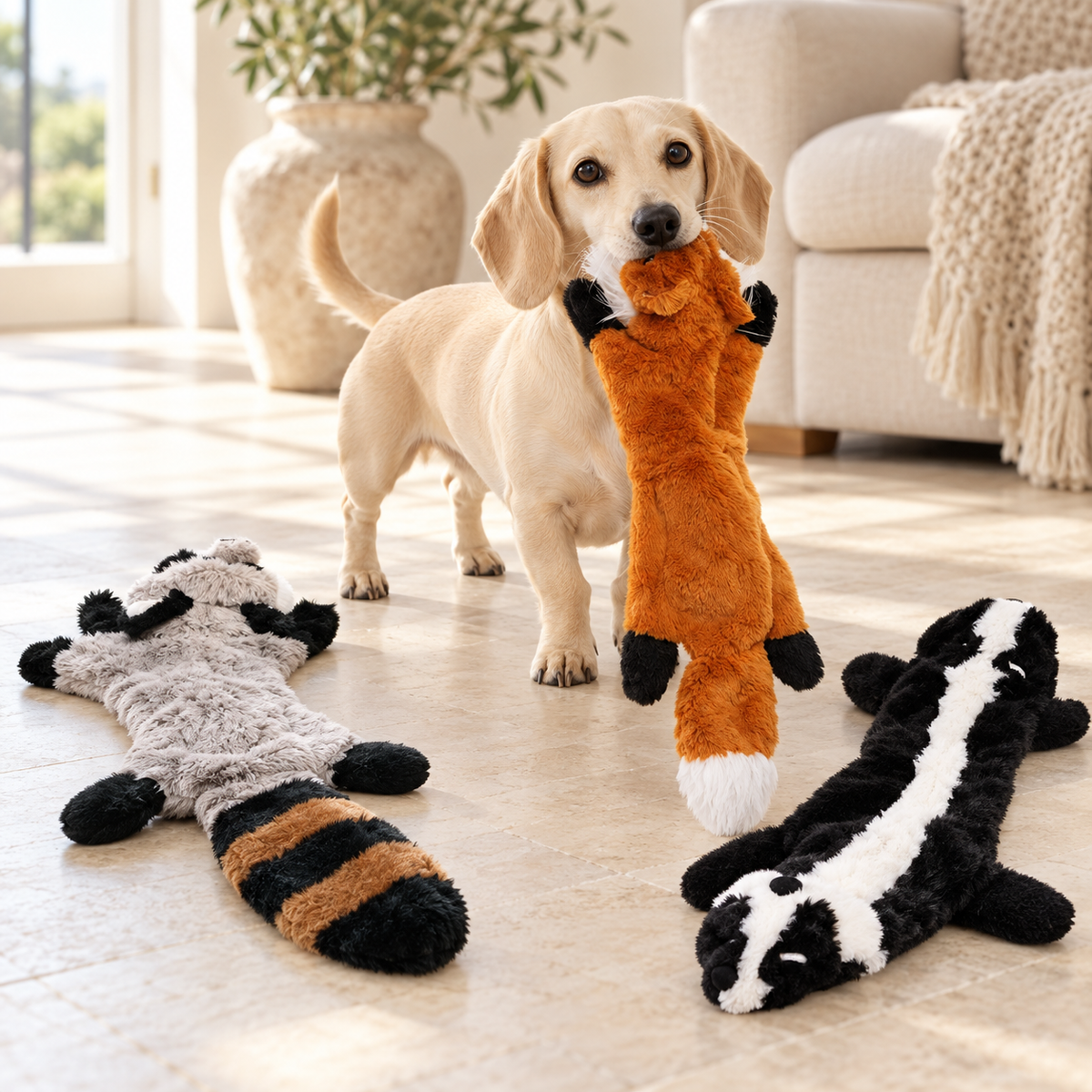 Yellow dog holding a fox plush toy beside skunk and raccoon toys