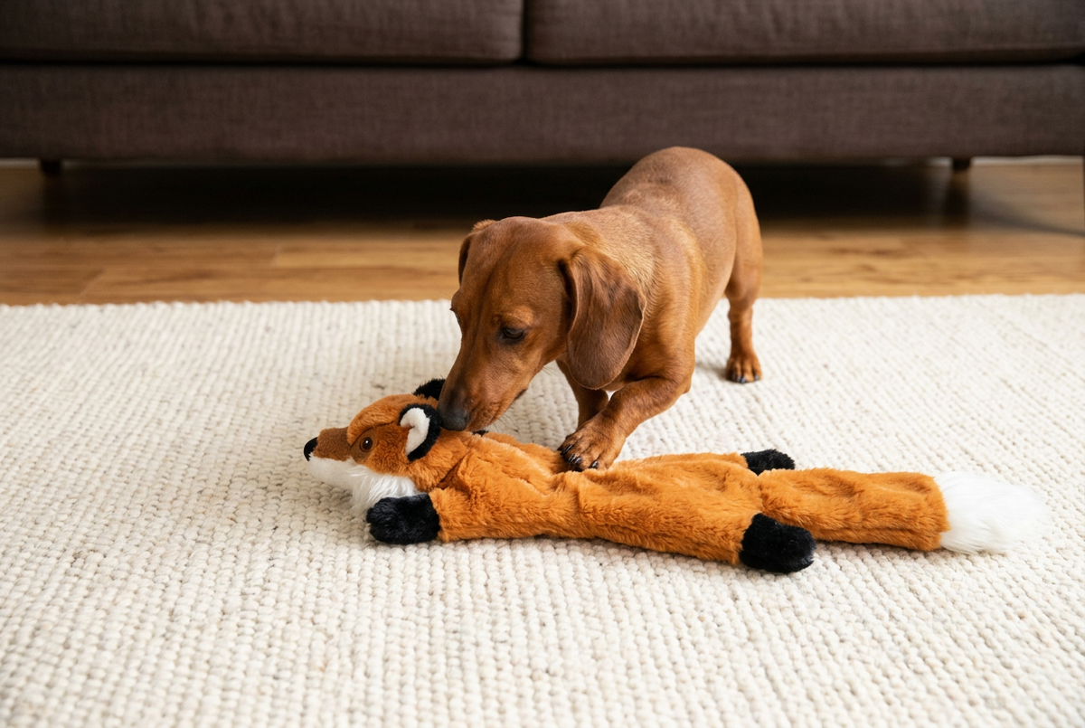 Dachshund playing with an orange flat plush toy on a cream rug