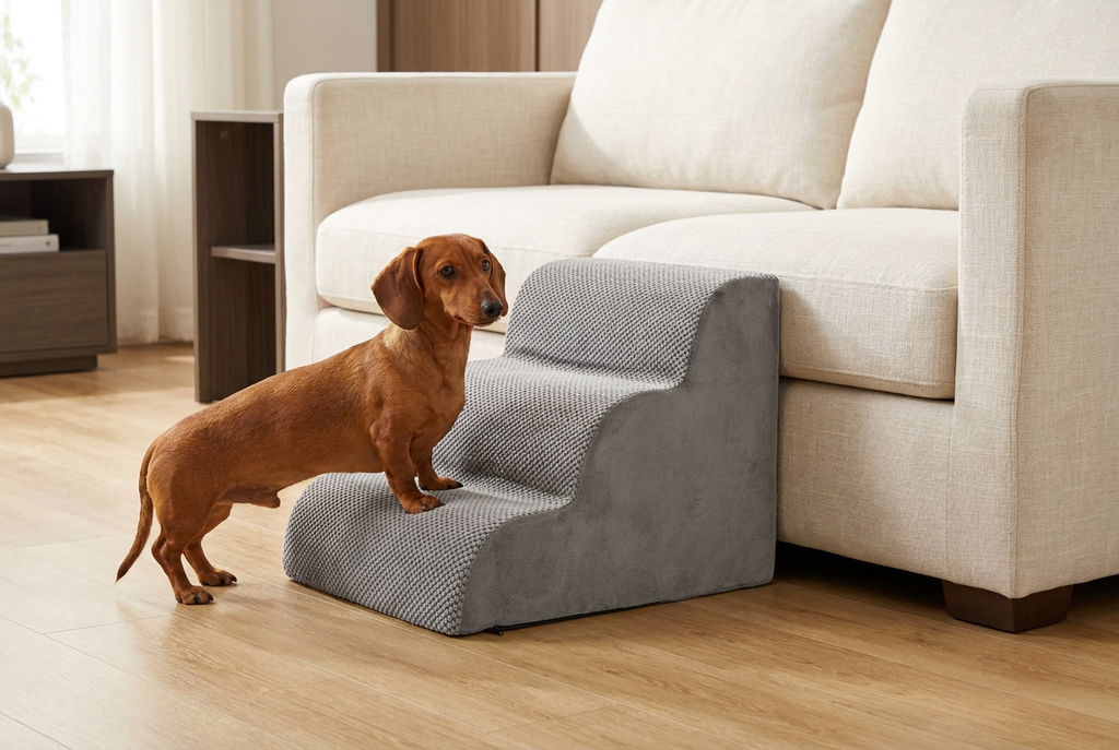 Dachshund climbing gray foam pet steps beside a cream sofa