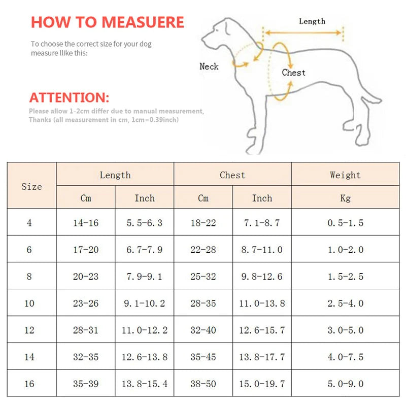 Dog sweater size chart with back, chest, and weight measurements