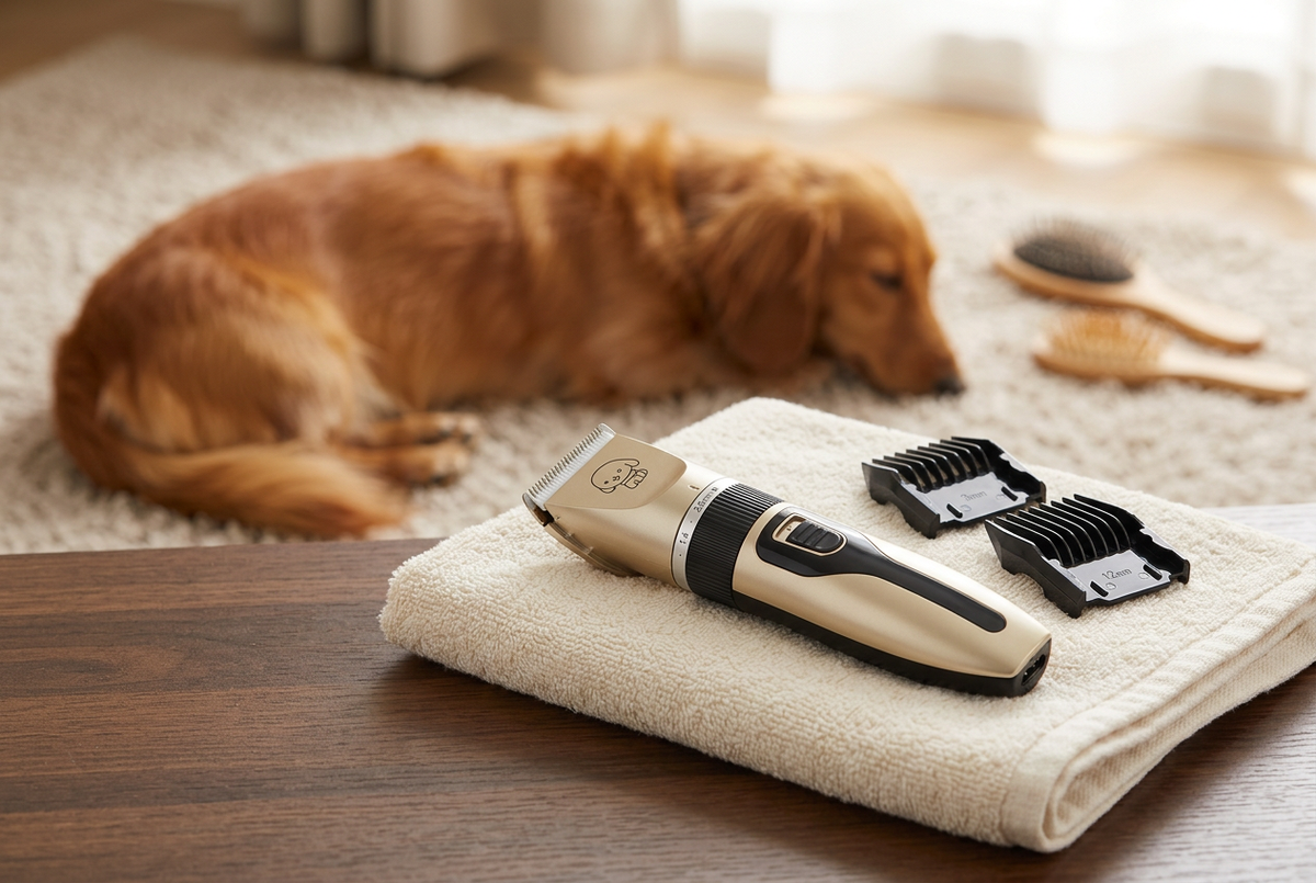 Pet trimmer and guide combs on folded towels beside a resting longhaired dachshund